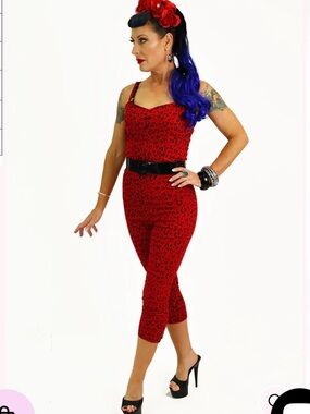 Red Leopard Print Cropped Jumpsuit with Sweetheart Neckline